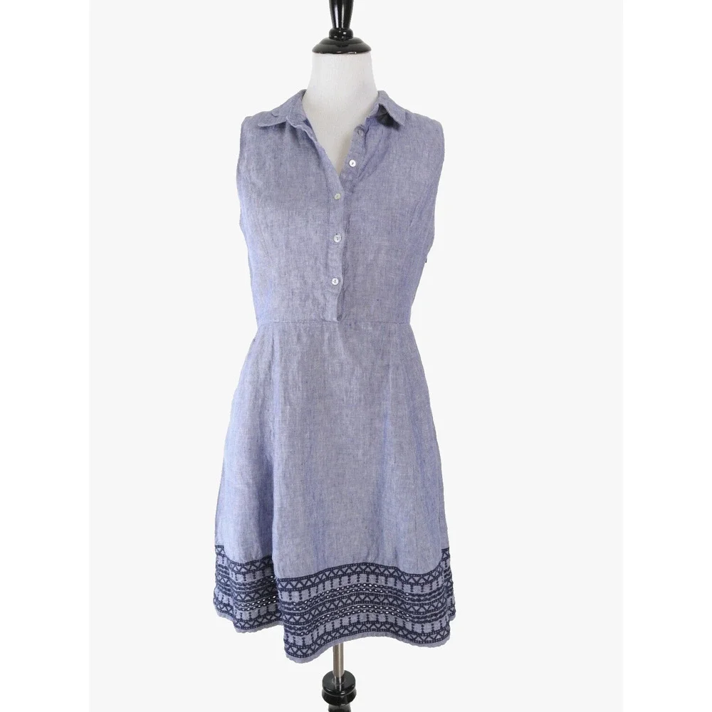 Tahari Size 4 Linen Sleeveless Shirt Dress Collared Embroidered Blue - Picture 2 of 12